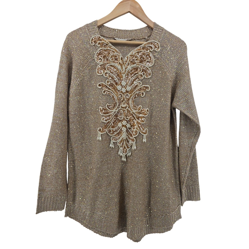 Soft Surroundings Sweater Womens Medium Gold Beaded Sequin Embellished Tunic